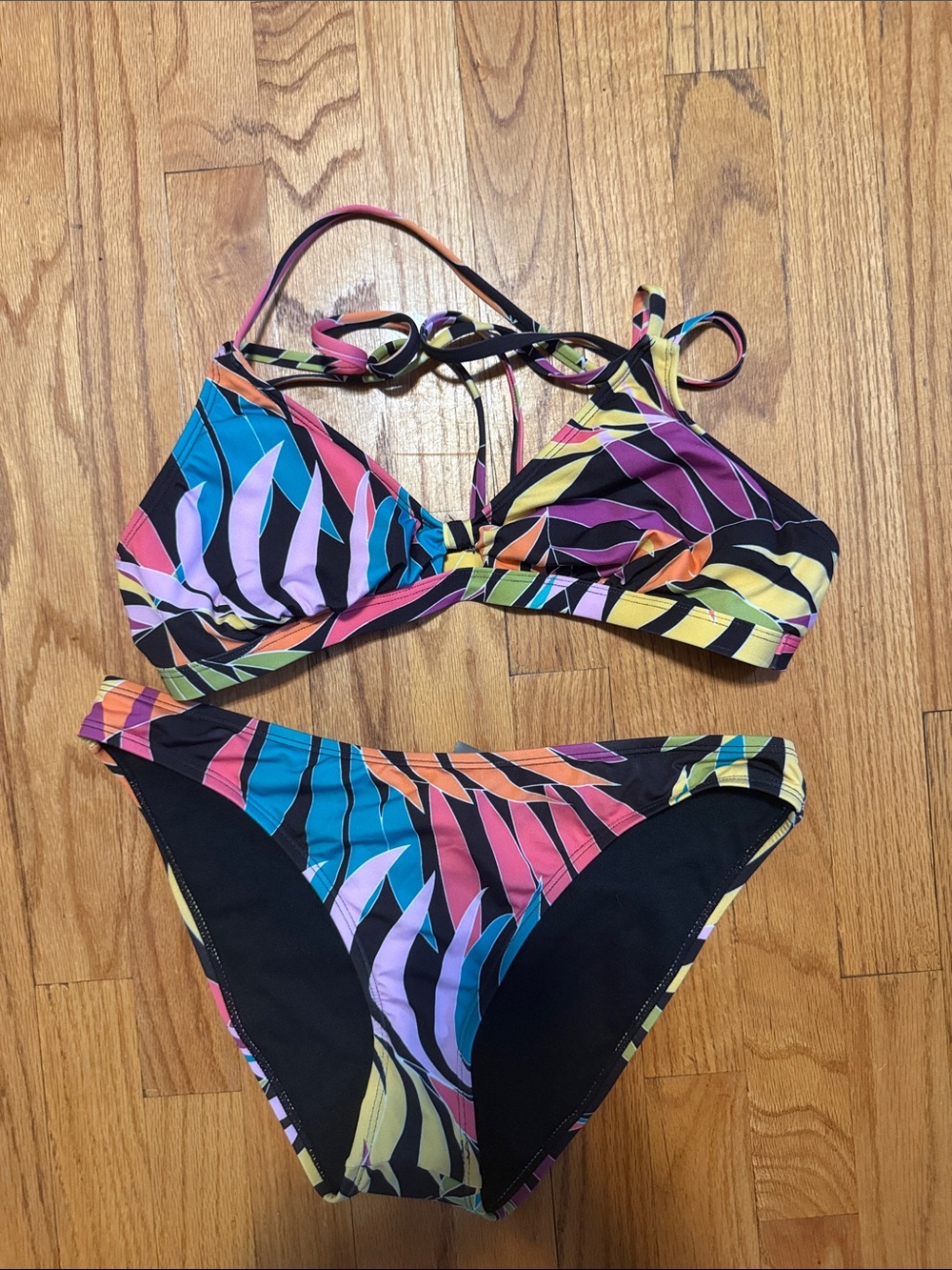 Hurley Multicolor Tropical Stripe Bikini — Black Base with Pink, Blue, Yellow